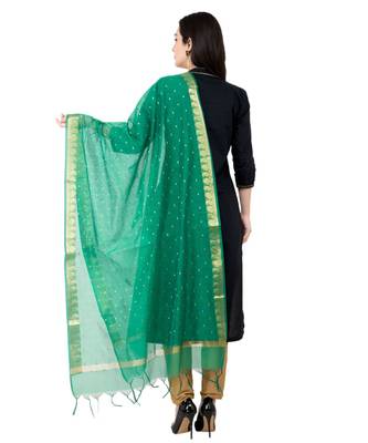 A R SILK Vanarasi Buti Border Green Colour Chanderi Cotton Fancy Dupatta/Chunnis 2