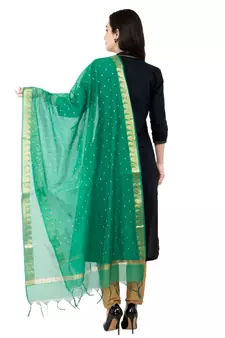A R SILK Vanarasi Buti Border Green Colour Chanderi Cotton Fancy Dupatta/Chunnis