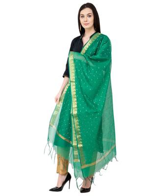 A R SILK Vanarasi Buti Border Green Colour Chanderi Cotton Fancy Dupatta/Chunnis 3