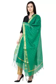 A R SILK Vanarasi Buti Border Green Colour Chanderi Cotton Fancy Dupatta/Chunnis