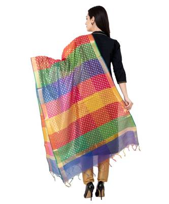 A R SILK Gold print Multi Colou Chanderi Cotton Fancy Dupatta/ChunniS 1