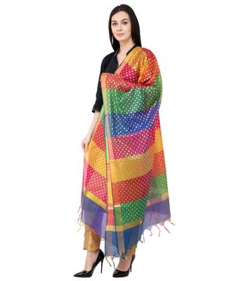A R SILK Gold print Multi Colou Chanderi Cotton Fancy Dupatta/ChunniS 2