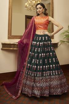 captivating Green Gotta Patti with thread embroidered Georgette semi stitched bridal lehenga