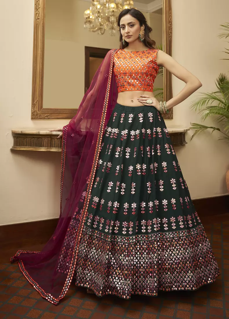 captivating Green Gotta Patti with thread embroidered Georgette semi stitched bridal lehenga