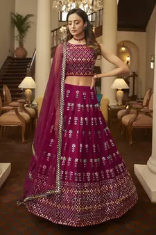 Eye Catching Deep pink Gotta Patti with thread embroidered georgette semi stitched bridal lehenga