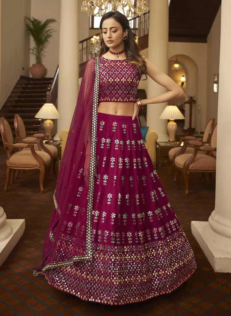 Eye Catching Deep pink Gotta Patti with thread embroidered georgette semi stitched bridal lehenga