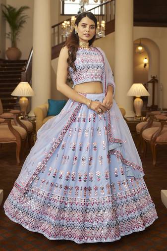 Blue and White Faux Georgette Lehenga Choli With Sequin and Threadwork Embroidery