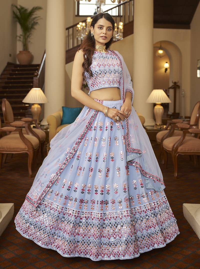 Blue and White Faux Georgette Lehenga Choli With Sequin and Threadwork Embroidery
