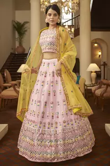 glamorous Pink gotta patti with thread embroidered georgette semi stitched bridal lehenga