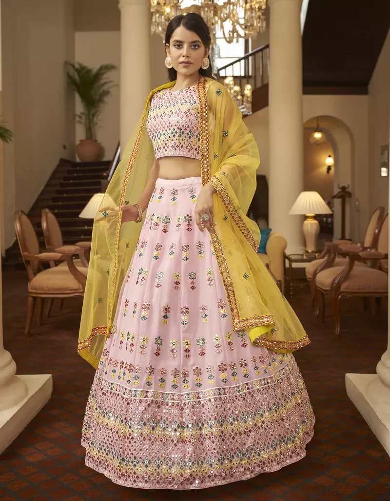 glamorous Pink gotta patti with thread embroidered georgette semi stitched bridal lehenga