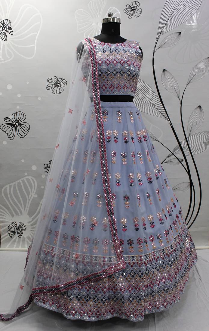Blue and White Faux Georgette Lehenga Choli With Sequin and Threadwork Embroidery