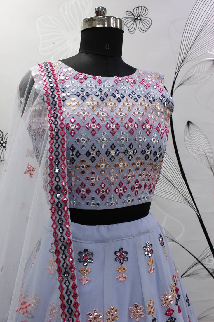 Blue and White Faux Georgette Lehenga Choli With Sequin and Threadwork Embroidery