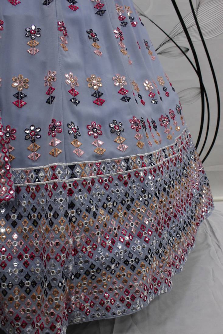 Blue and White Faux Georgette Lehenga Choli With Sequin and Threadwork Embroidery