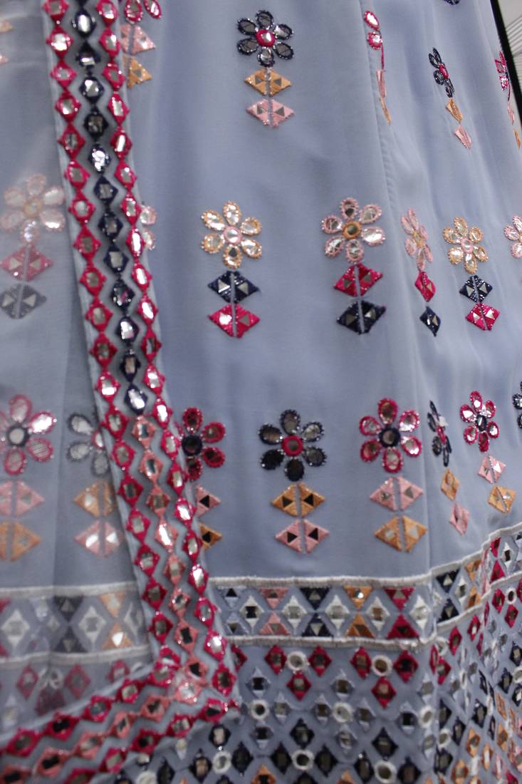 Blue and White Faux Georgette Lehenga Choli With Sequin and Threadwork Embroidery