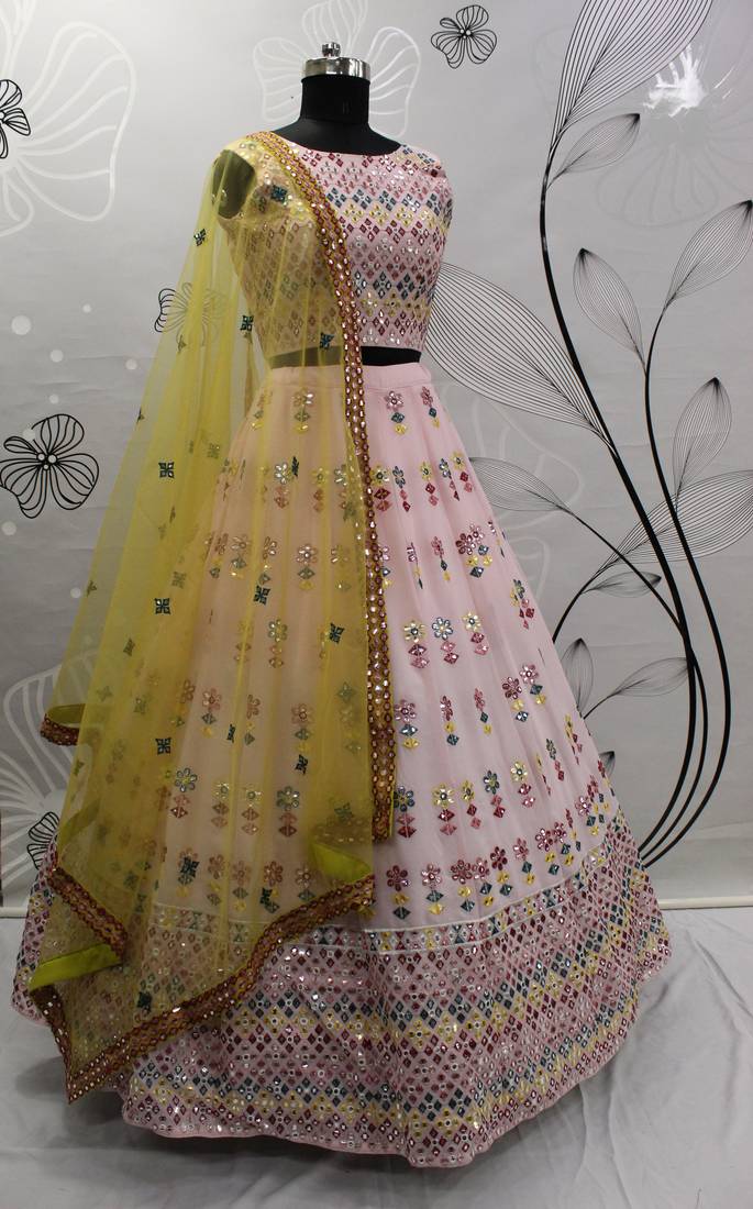 glamorous Pink gotta patti with thread embroidered georgette semi stitched bridal lehenga