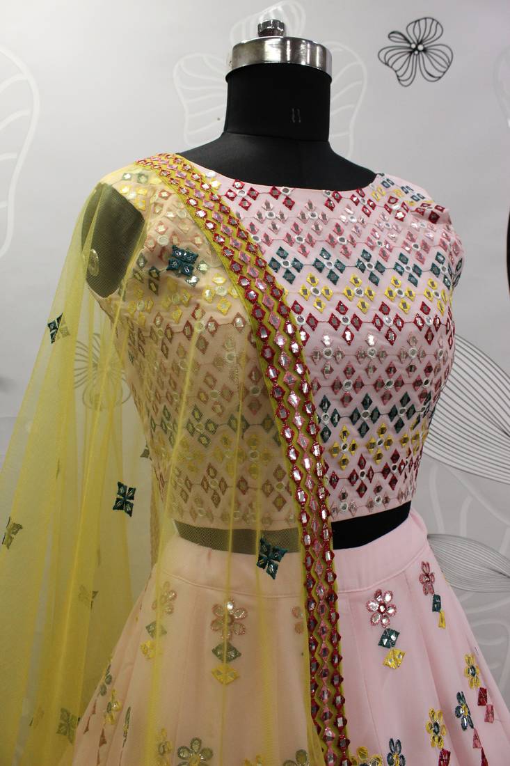 glamorous Pink gotta patti with thread embroidered georgette semi stitched bridal lehenga