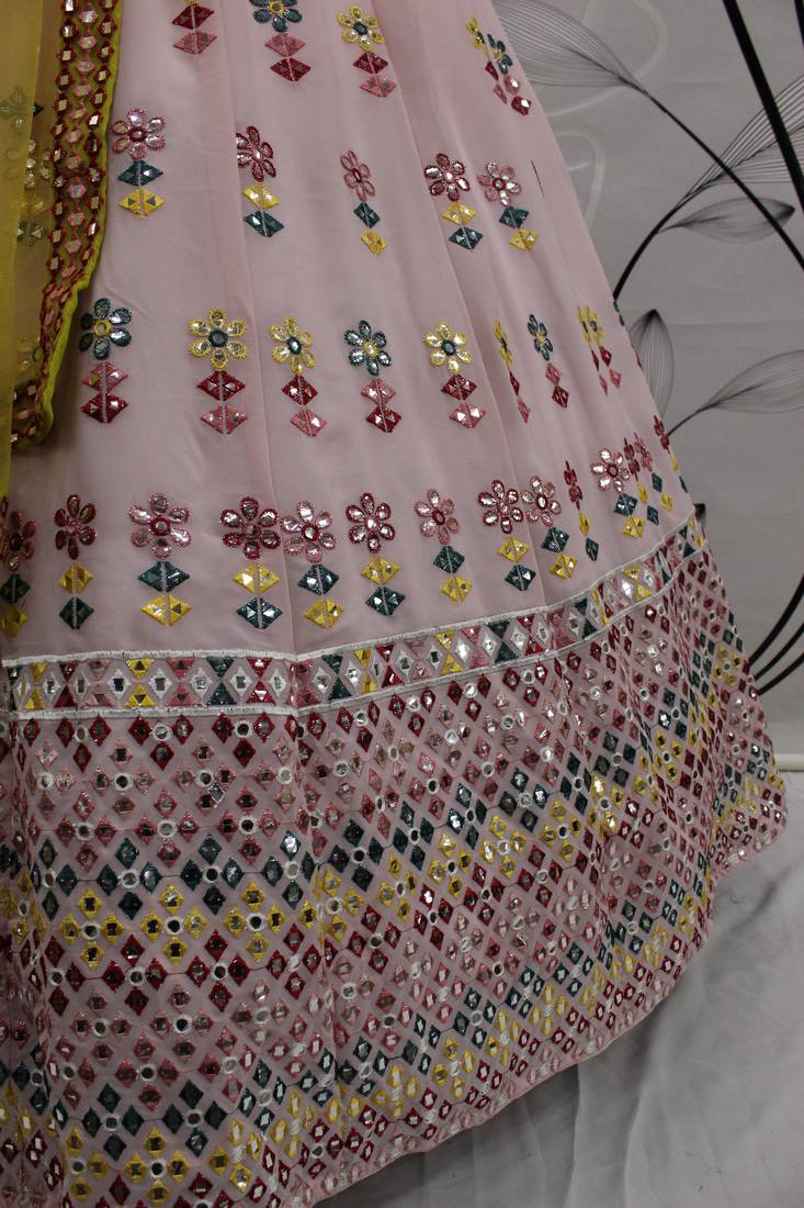 glamorous Pink gotta patti with thread embroidered georgette semi stitched bridal lehenga