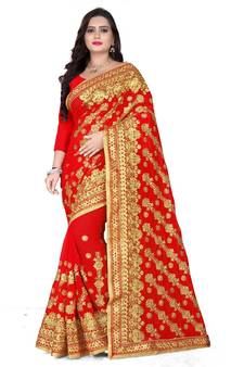 red georgette embroidered   saree with blouse