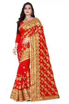 red georgette embroidered   saree with blouse