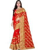red georgette embroidered   saree with blouse