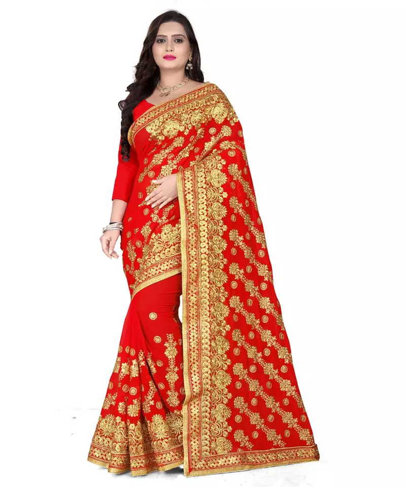 red georgette embroidered   saree with blouse