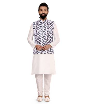 Men White Cotton Printed Nehru Jacket with Plain White Dupion Silk Kurta Churidar 2
