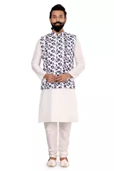 Men White Cotton Printed Nehru Jacket with Plain White Dupion Silk Kurta Churidar
