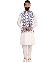 Men White Cotton Printed Nehru Jacket with Plain White Dupion Silk Kurta Churidar