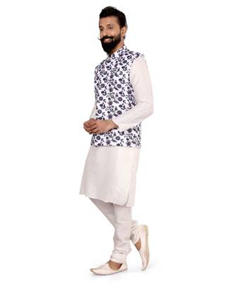 Men White Cotton Printed Nehru Jacket with Plain White Dupion Silk Kurta Churidar 3