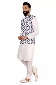 Men White Cotton Printed Nehru Jacket with Plain White Dupion Silk Kurta Churidar