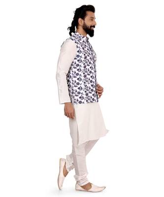Men White Cotton Printed Nehru Jacket with Plain White Dupion Silk Kurta Churidar 4