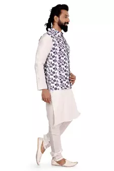 Men White Cotton Printed Nehru Jacket with Plain White Dupion Silk Kurta Churidar