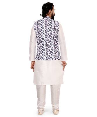 Men White Cotton Printed Nehru Jacket with Plain White Dupion Silk Kurta Churidar 5