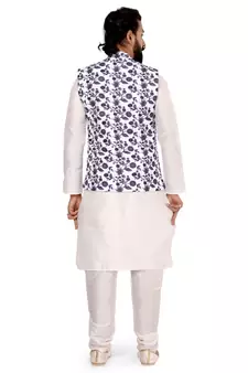 Men White Cotton Printed Nehru Jacket with Plain White Dupion Silk Kurta Churidar