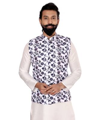 Men White Cotton Printed Nehru Jacket with Plain White Dupion Silk Kurta Churidar 6