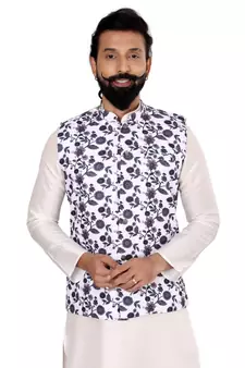 Men White Cotton Printed Nehru Jacket with Plain White Dupion Silk Kurta Churidar