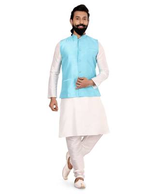 Men Sky Blue Dupion Silk Nehru Jacket with Plain White Dupion Silk Kurta Churidar 2