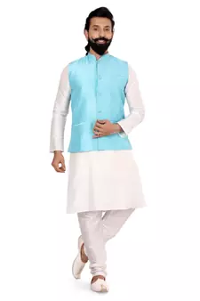 Men Sky Blue Dupion Silk Nehru Jacket with Plain White Dupion Silk Kurta Churidar
