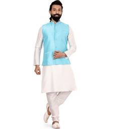 Men Sky Blue Dupion Silk Nehru Jacket with Plain White Dupion Silk Kurta Churidar