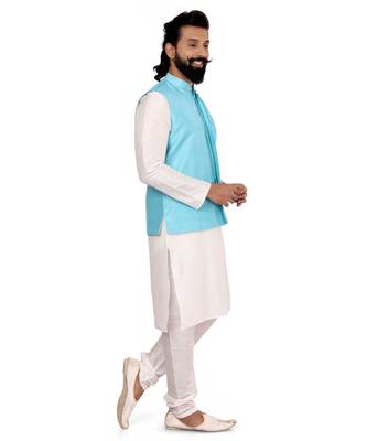 Men Sky Blue Dupion Silk Nehru Jacket with Plain White Dupion Silk Kurta Churidar 3