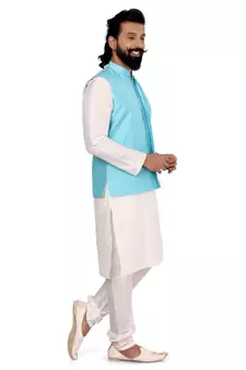 Men Sky Blue Dupion Silk Nehru Jacket with Plain White Dupion Silk Kurta Churidar