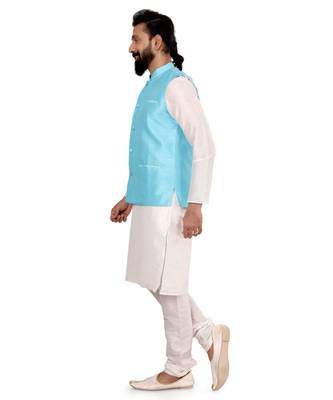 Men Sky Blue Dupion Silk Nehru Jacket with Plain White Dupion Silk Kurta Churidar 4