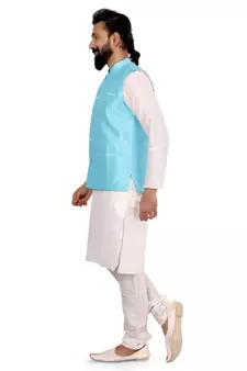 Men Sky Blue Dupion Silk Nehru Jacket with Plain White Dupion Silk Kurta Churidar