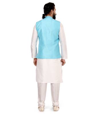 Men Sky Blue Dupion Silk Nehru Jacket with Plain White Dupion Silk Kurta Churidar 5