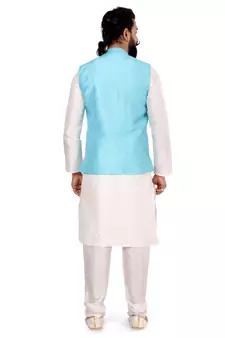 Men Sky Blue Dupion Silk Nehru Jacket with Plain White Dupion Silk Kurta Churidar