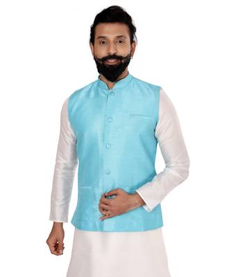 Men Sky Blue Dupion Silk Nehru Jacket with Plain White Dupion Silk Kurta Churidar 6