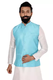 Men Sky Blue Dupion Silk Nehru Jacket with Plain White Dupion Silk Kurta Churidar