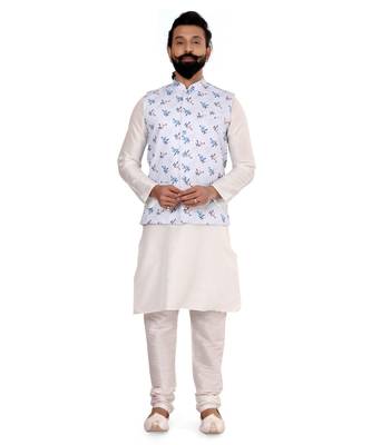 Men Off White Cotton Printed Nehru Jacket with Plain White Dupion Silk Kurta Churidar 2