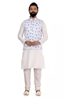 Men Off White Cotton Printed Nehru Jacket with Plain White Dupion Silk Kurta Churidar