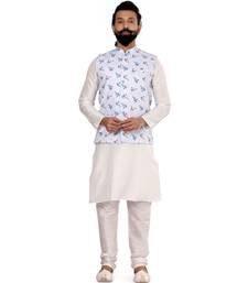 Men Off White Cotton Printed Nehru Jacket with Plain White Dupion Silk Kurta Churidar